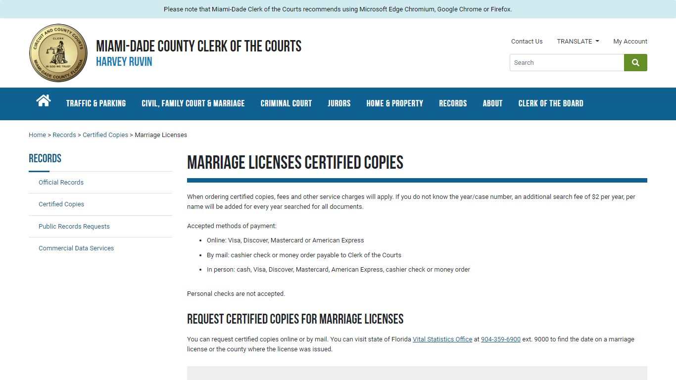 Marriage License Certified Copies - Miami-Dade County